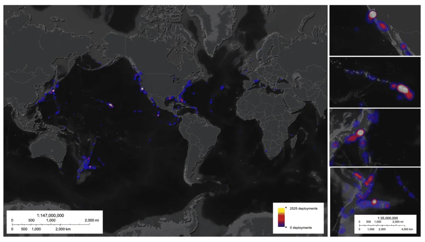 Mapa global del número de inmersiones profundas por región oceánica