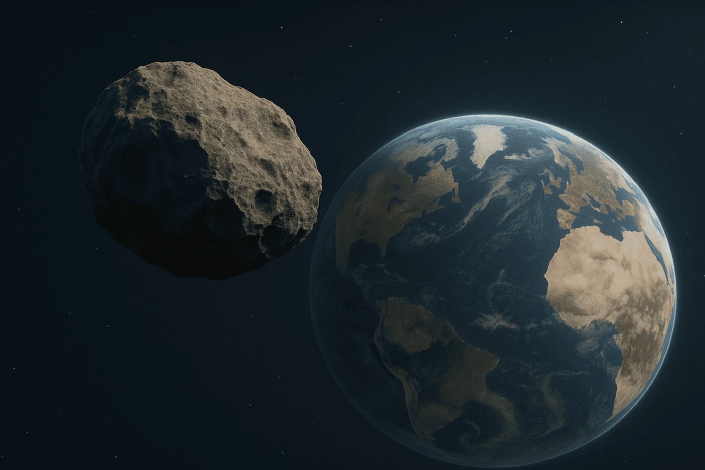 Representación realista de un asteroide aproximándose a la Tierra con detalles visibles de su superficie