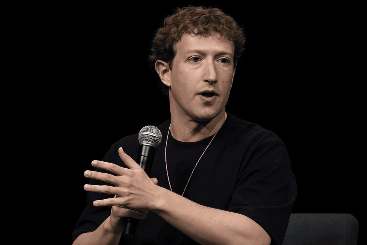 Mark Zuckerberg sentado frente al logo de Meta AI