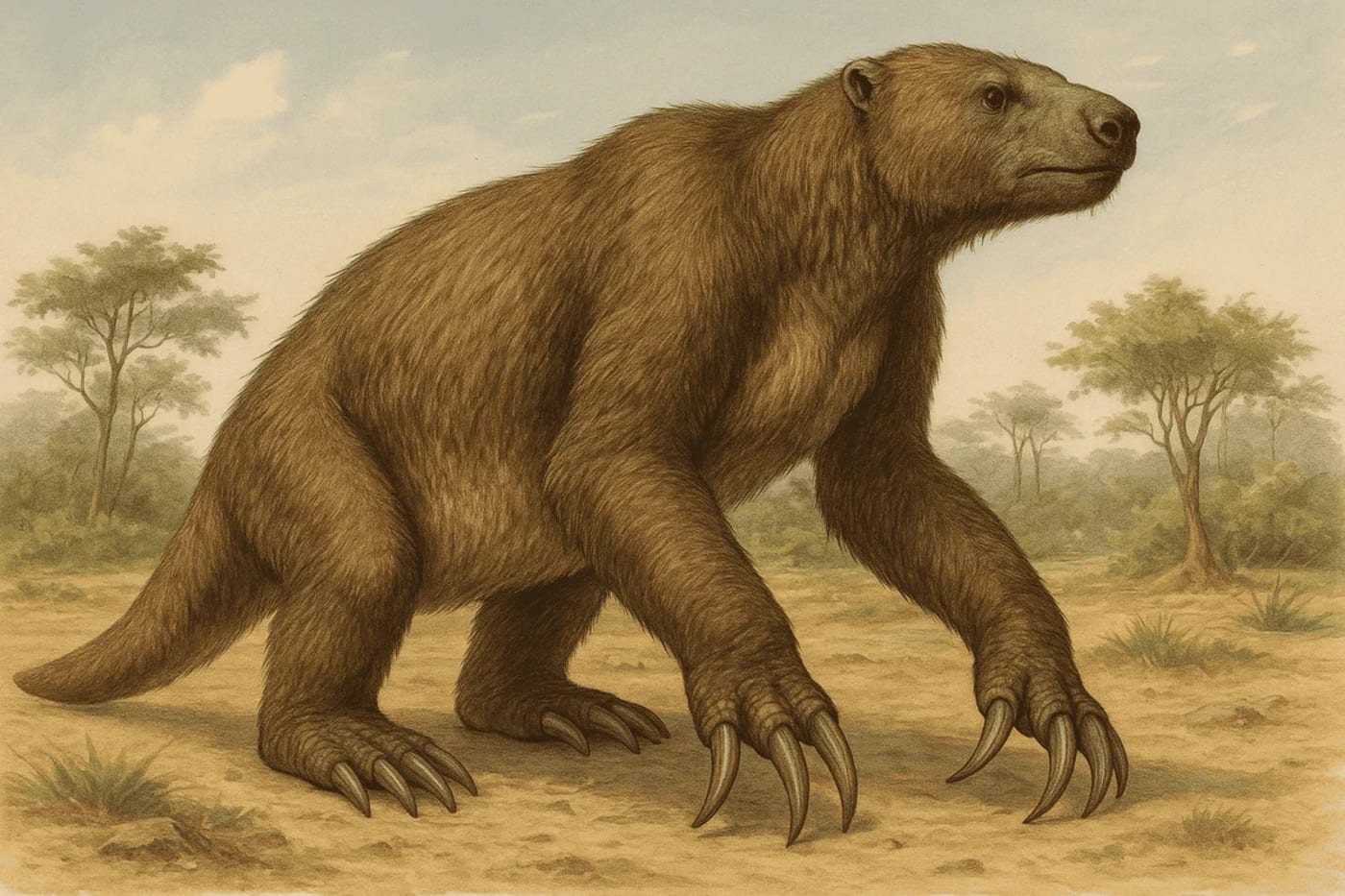 Reconstrucción de un perezoso gigante prehistórico en su hábitat natural.