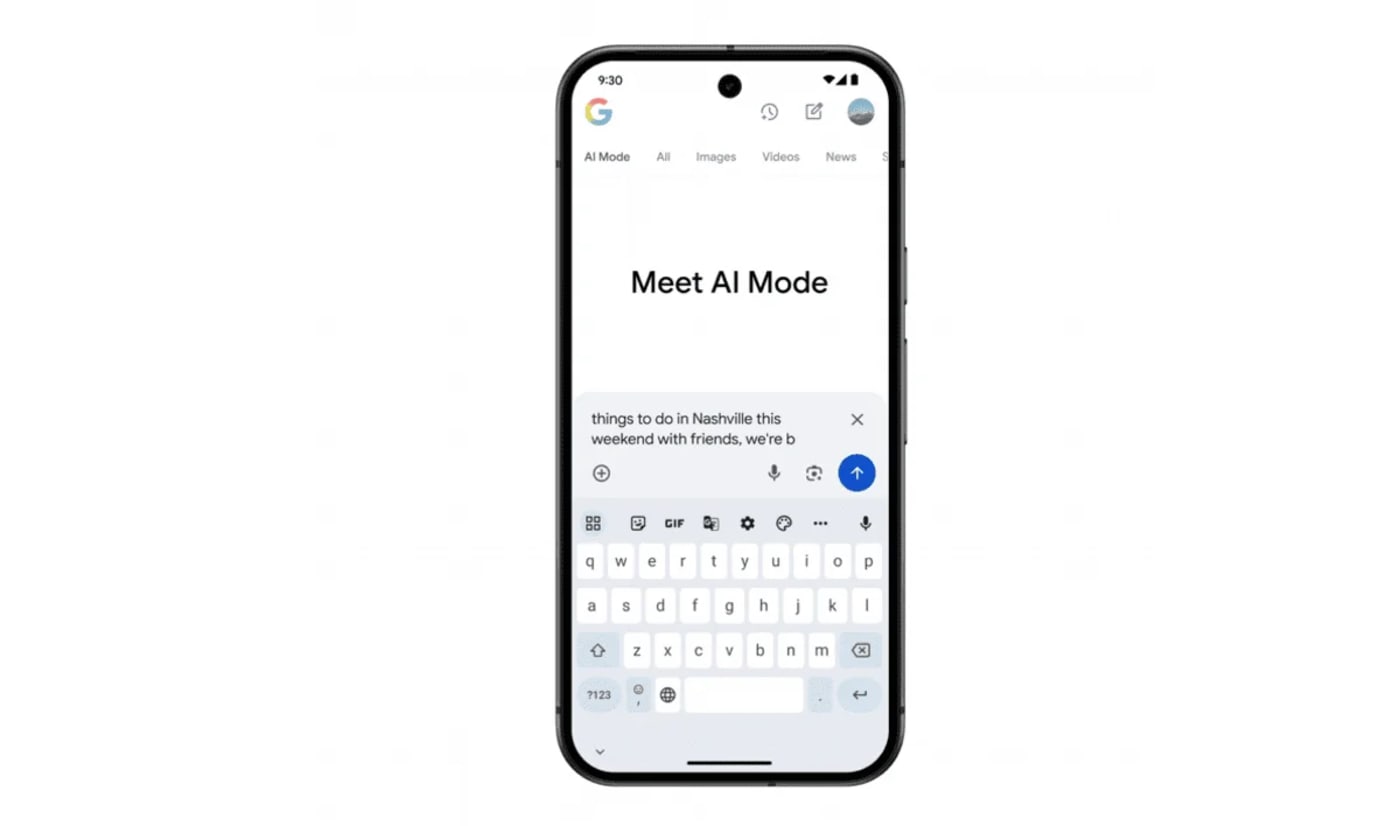 Pantalla de móvil con la función Google AI Mode, que convierte la búsqueda en una experiencia conversacional impulsada por inteligencia artificial