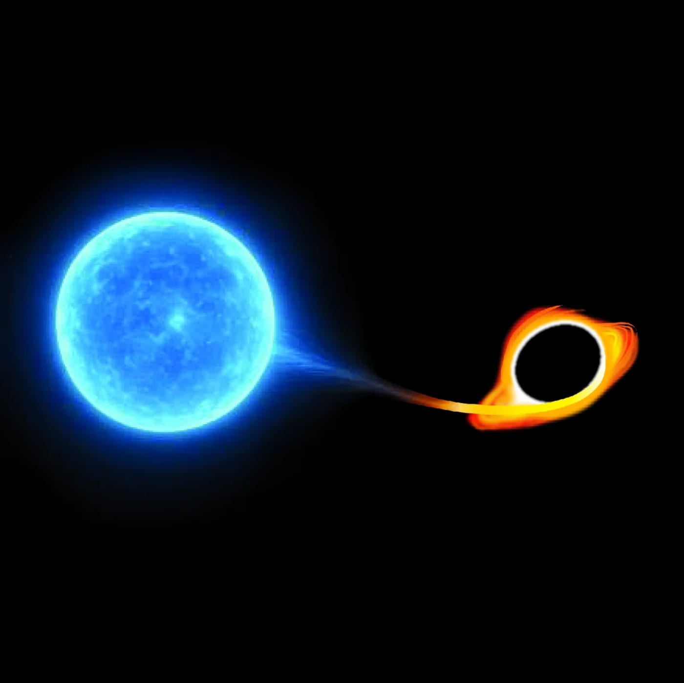 Representación de una estrella masiva acercándose a un agujero negro supermasivo y perdiendo materia