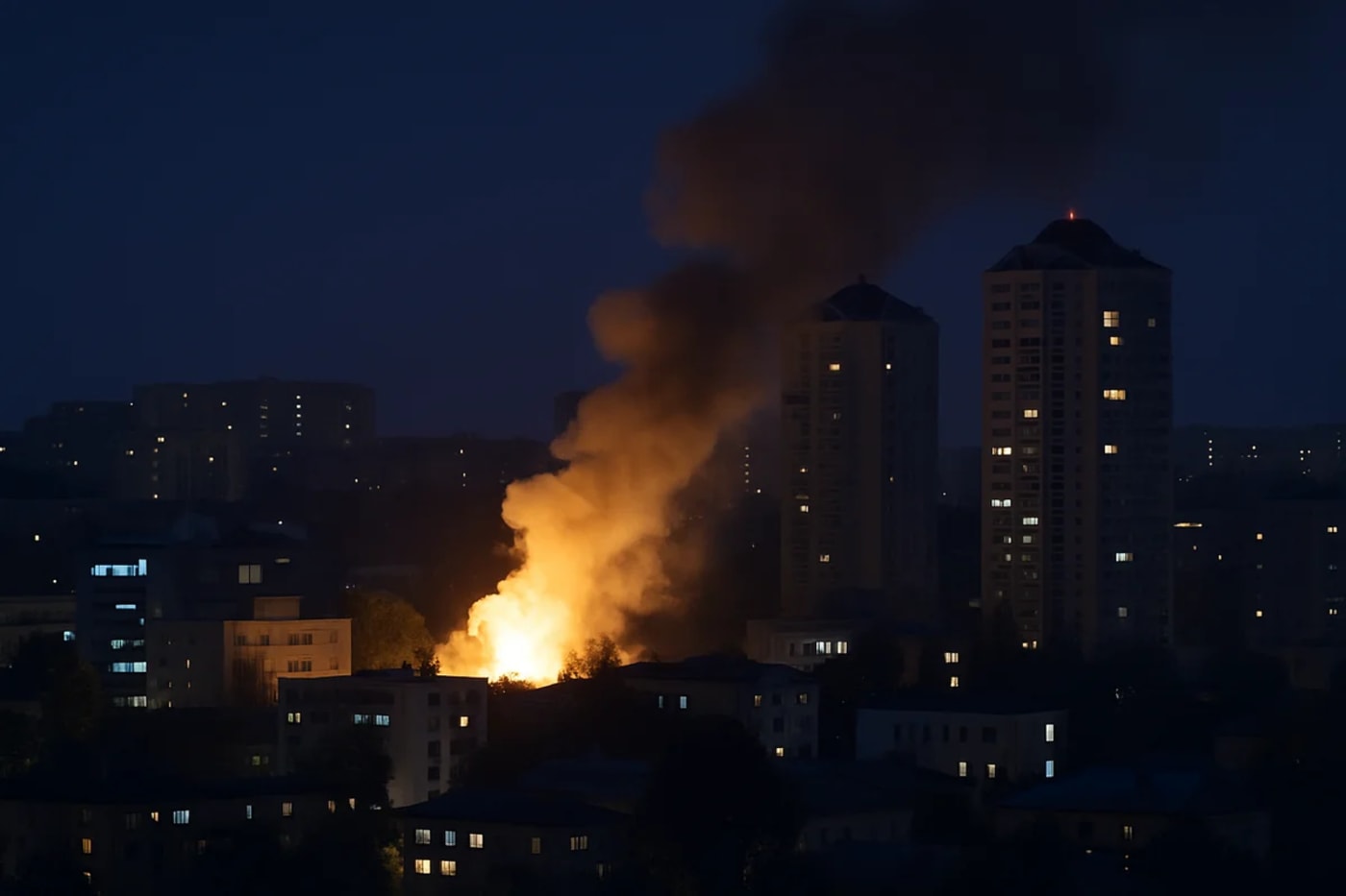 Explosión nocturna tras un ataque aéreo en Kiev, edificios altos y humo denso iluminados por el fuego