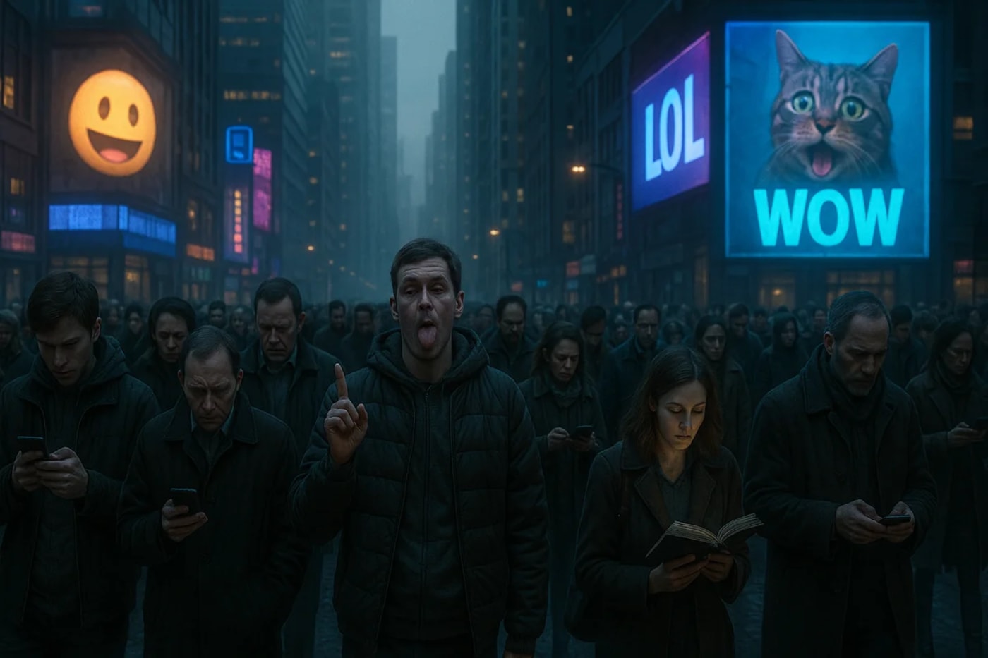 Multitud en una ciudad futurista y sombría, con la mayoría absorta en sus teléfonos y pantallas gigantes que muestran memes