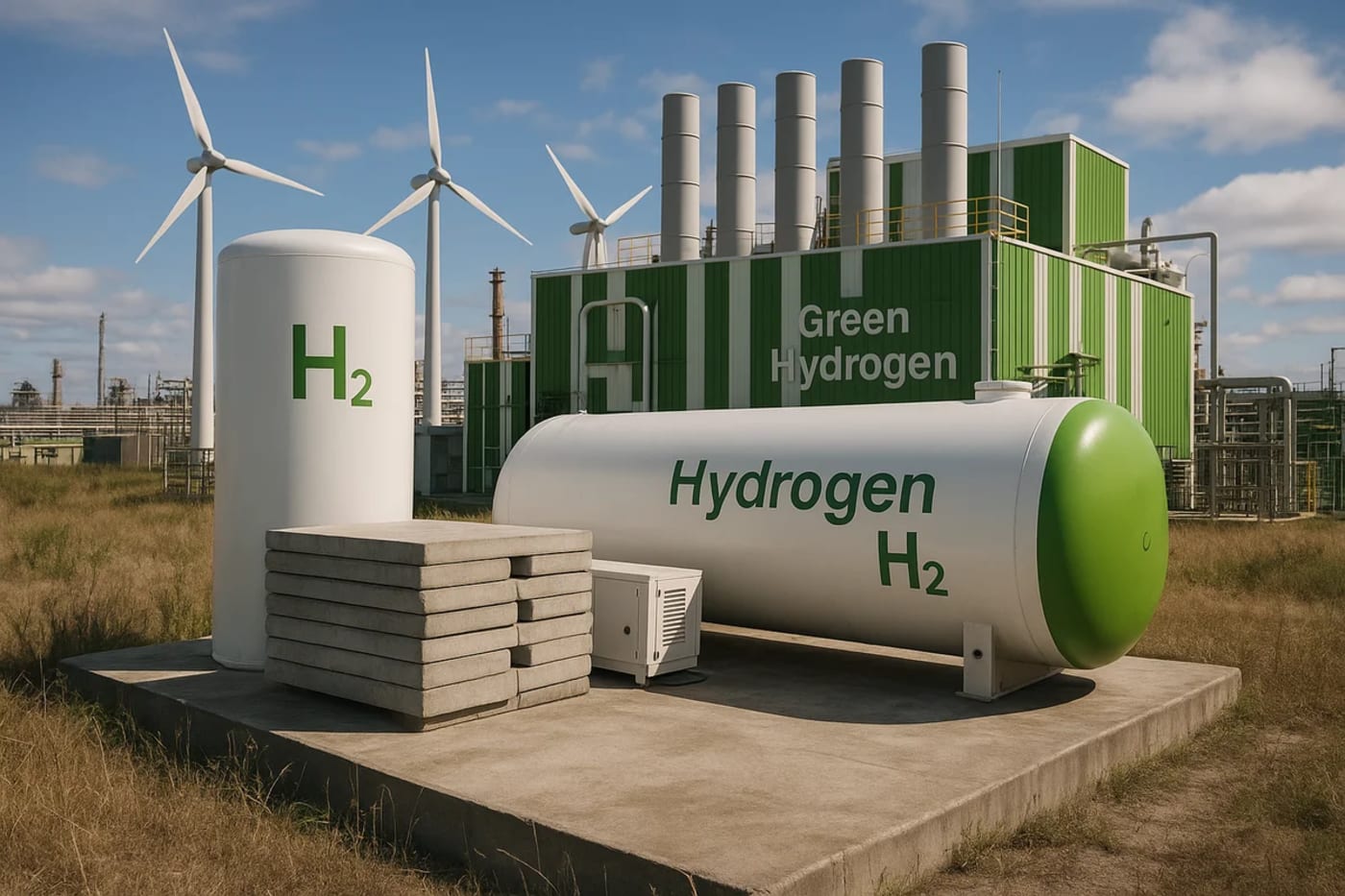 Planta industrial de hidrógeno verde con depósitos cilíndricos y turbinas eólicas en el fondo