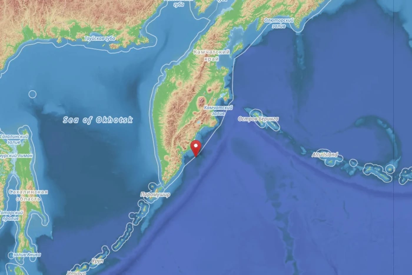 Mapa físico del extremo oriental de Rusia, mostrando el epicentro del terremoto de magnitud 8,8 en la península de Kamchatka