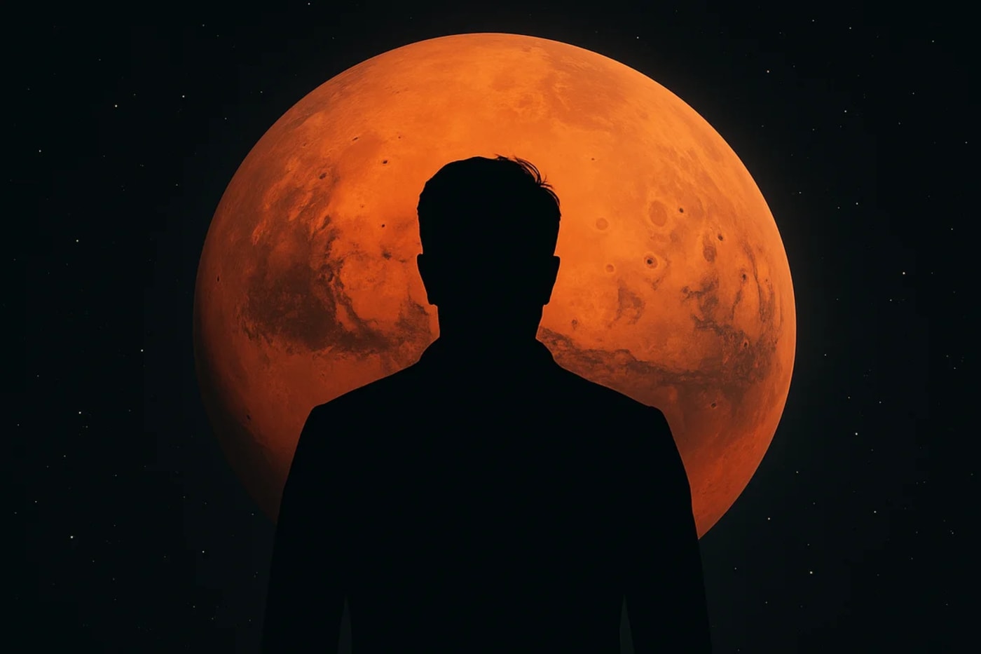 Silueta negra de Elon Musk en el centro, con el planeta Marte grande