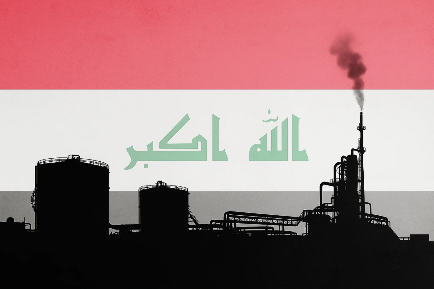 Silueta negra de instalaciones petroleras de Zubair en Basora, Irak, con la bandera nacional de Irak translúcida superpuesta