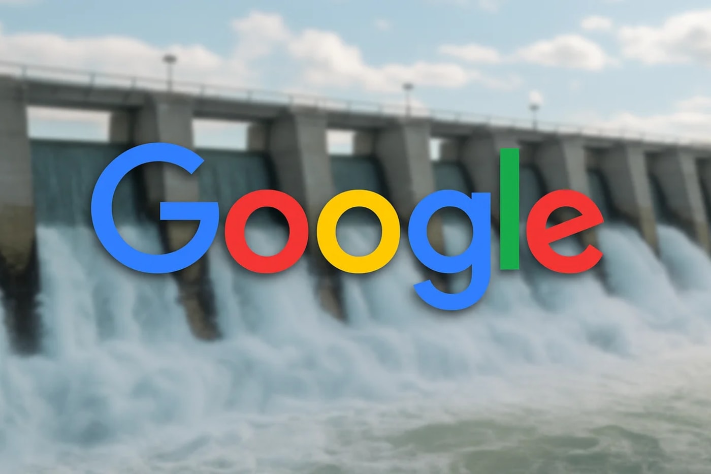 Logo de Google en primer plano con sombra, sobre una hidroeléctrica