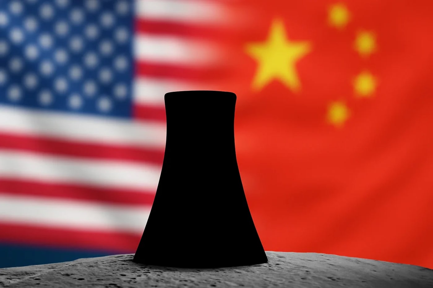 Silueta negra de reactor nuclear sobre la Luna, banderas de EE.UU. y China