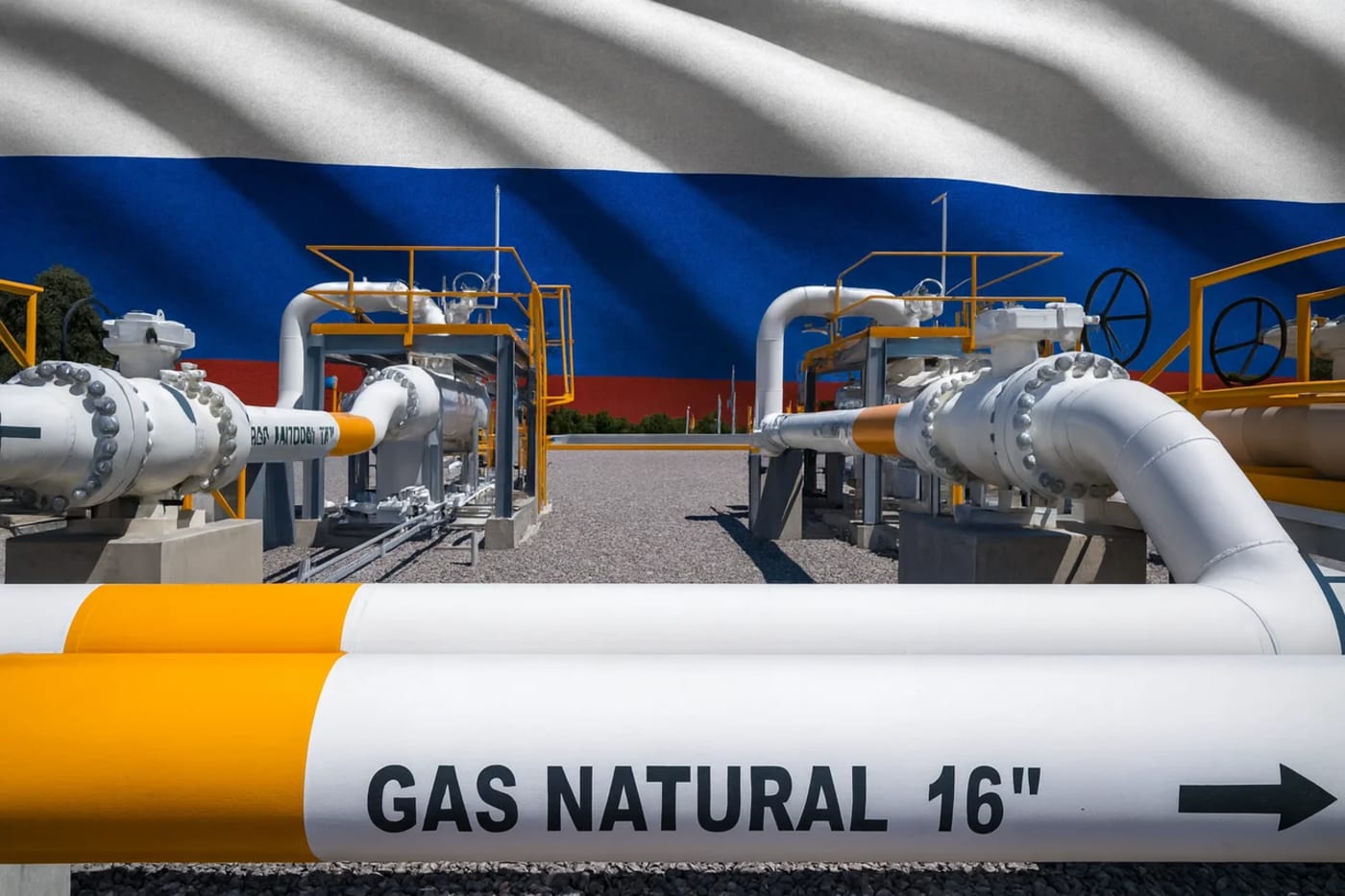 Infraestructura de gasoductos industriales con tuberías y válvulas en primer plano, sobre un fondo con la bandera de Rusia ondeando