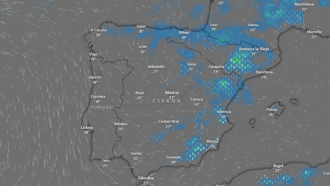 Mapa de España con previsión de lluvias intensas y avisos rojos en Comunidad Valenciana y Baleares