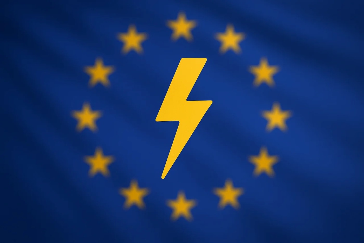 Bandera de la Unión Europea en azul con las estrellas amarillas desenfocadas de fondo y un rayo eléctrico