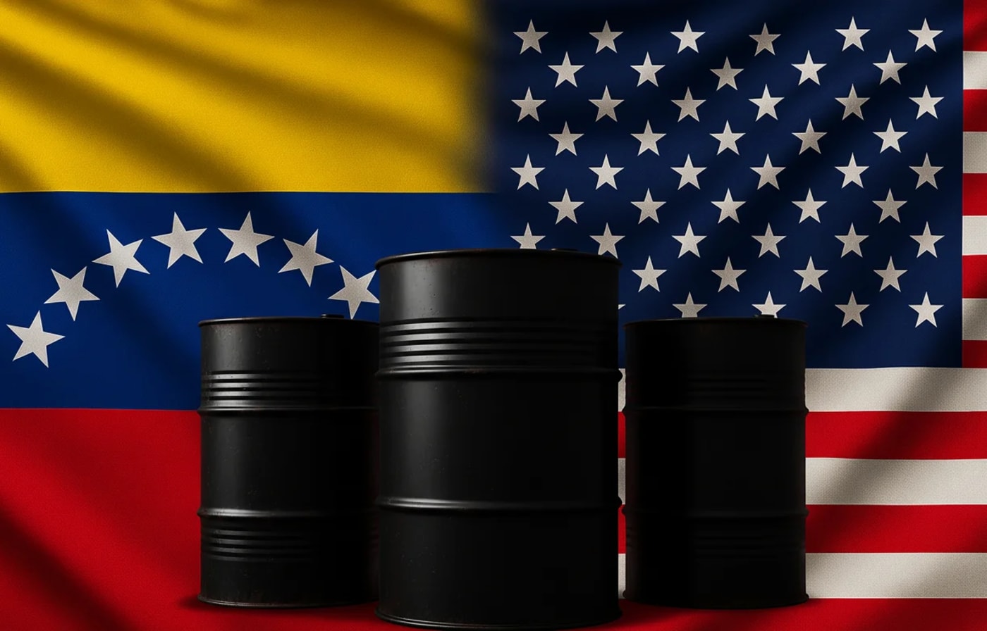 Silueta de barriles de petróleo frente a las banderas de Venezuela y Estados Unidos como símbolo de exportaciones
