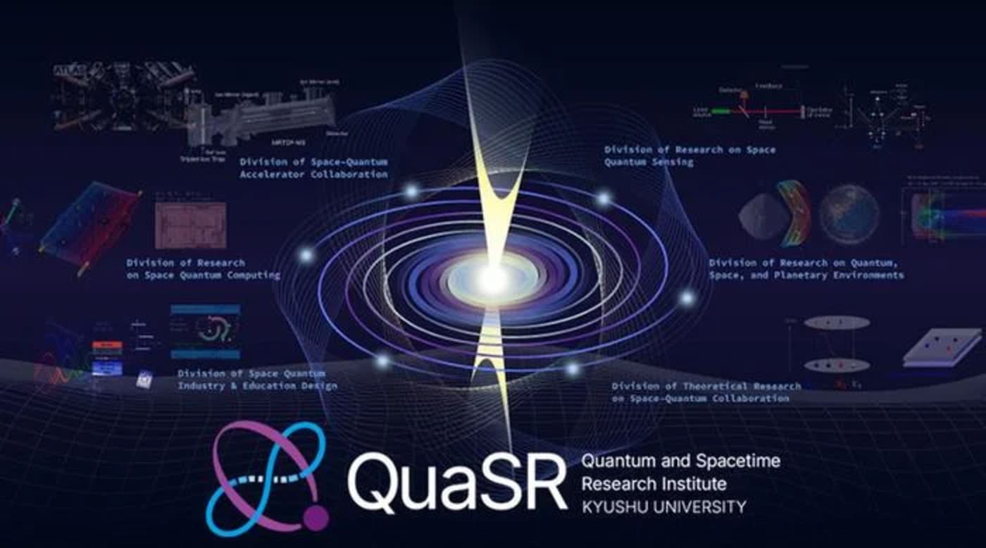 Gráfico del instituto QuaSR de la Universidad de Kyushu con ilustraciones sobre investigación en gravedad, mecánica cuántica y aplicaciones espaciales