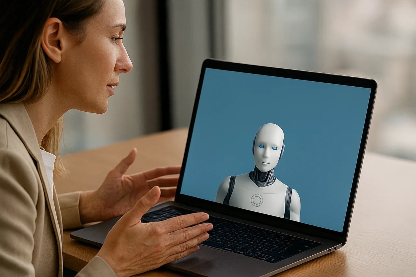 Mujer en una oficina participando en una entrevista virtual en su portátil, donde aparece un robot humanoide