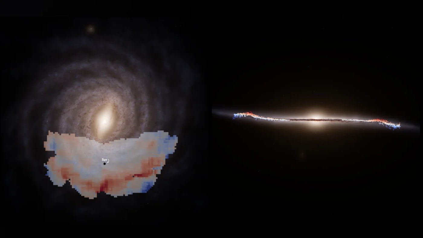 Ilustración de la Vía Láctea con una onda galáctica descubierta por Gaia, mostrando estrellas superpuestas y el disco deformado en rojo y azul