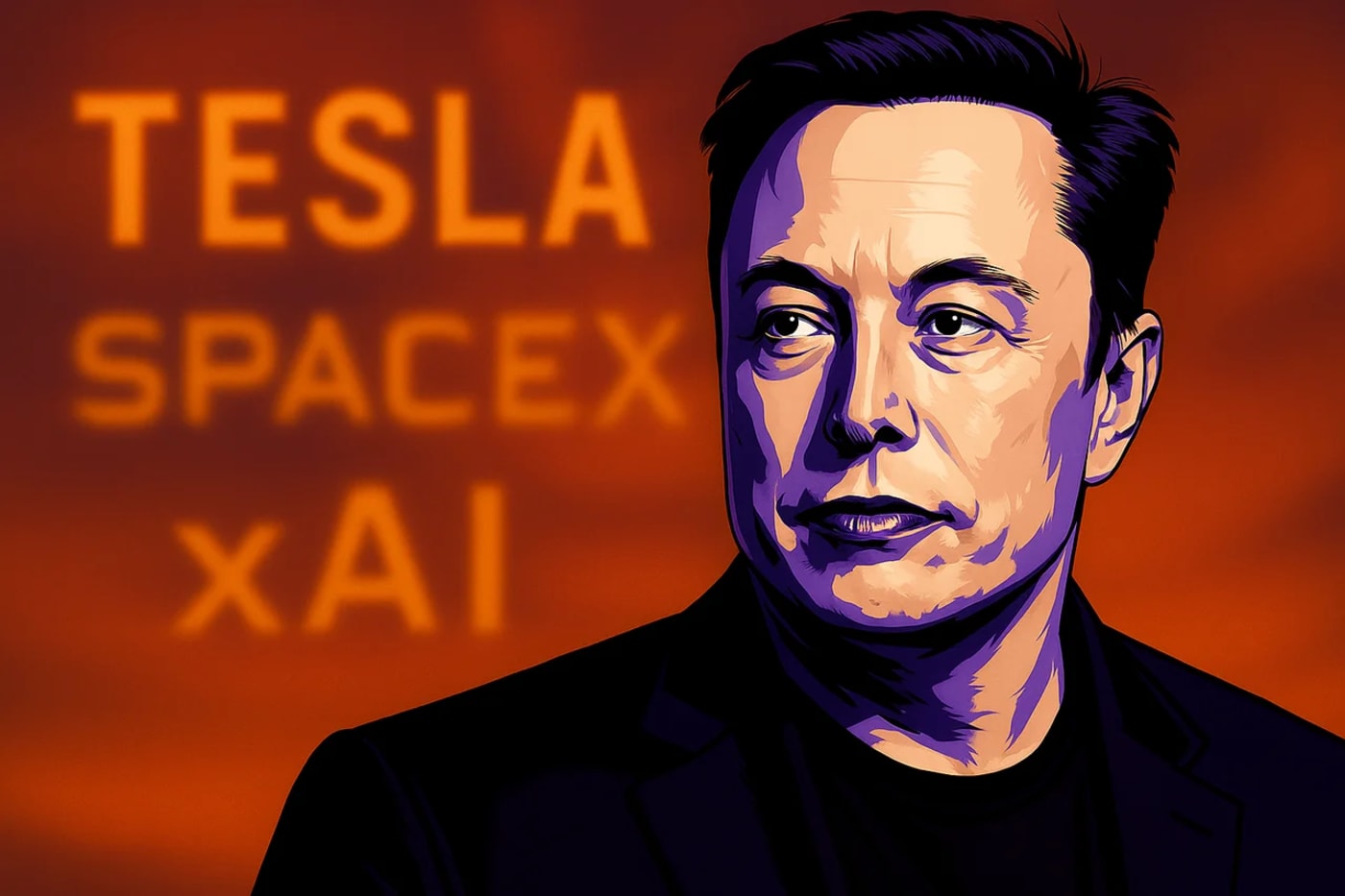 Elon Musk en estilo futurista con los textos Tesla, SpaceX y xAI en el fondo