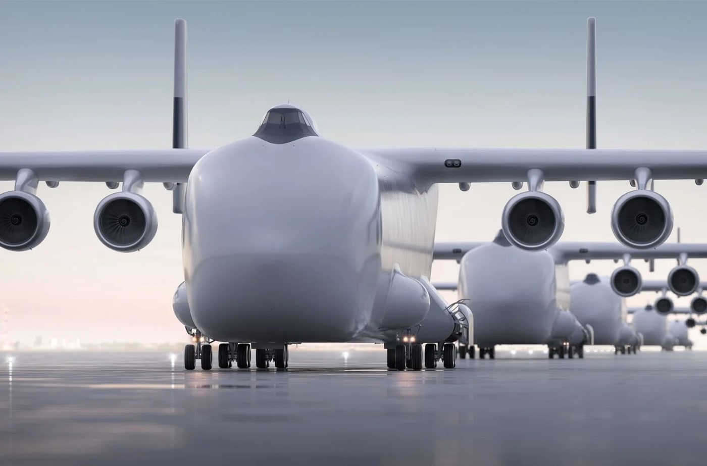 Fila de aviones WindRunner de Radia en pista de despegue