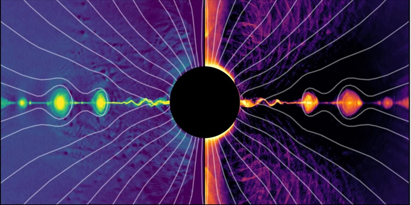 Simulación que muestra la formación de plasmoides y la reconexión magnética cerca de un agujero negro en rotación