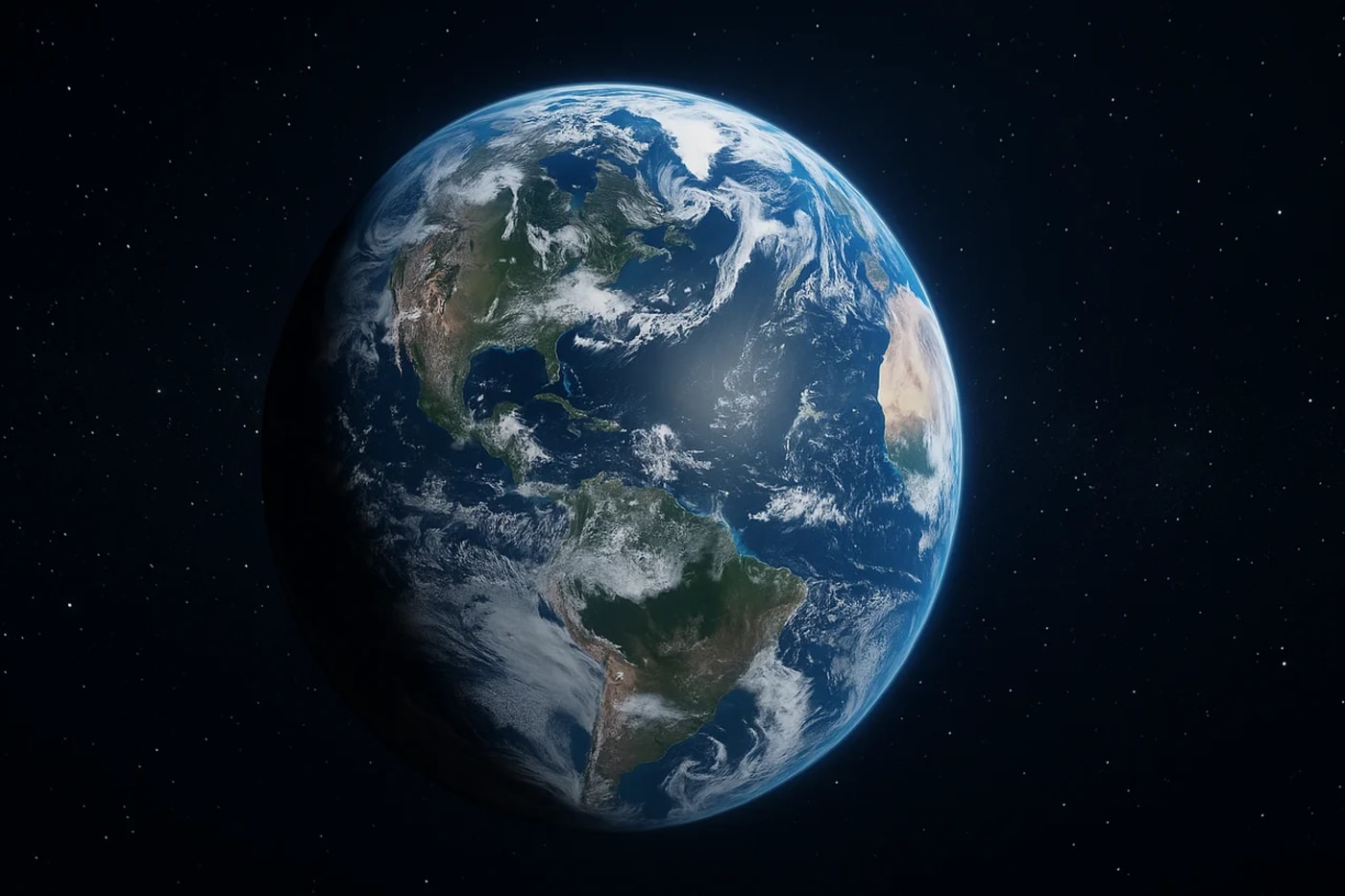 Vista de la Tierra desde el espacio, con continentes iluminados y la atmósfera azul visible sobre la oscuridad del cosmos
