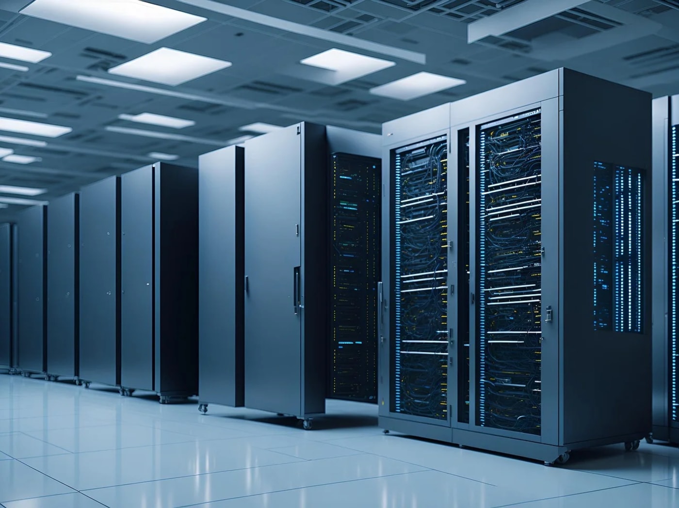 Interior de un moderno centro de datos con servidores iluminados en tonos azules