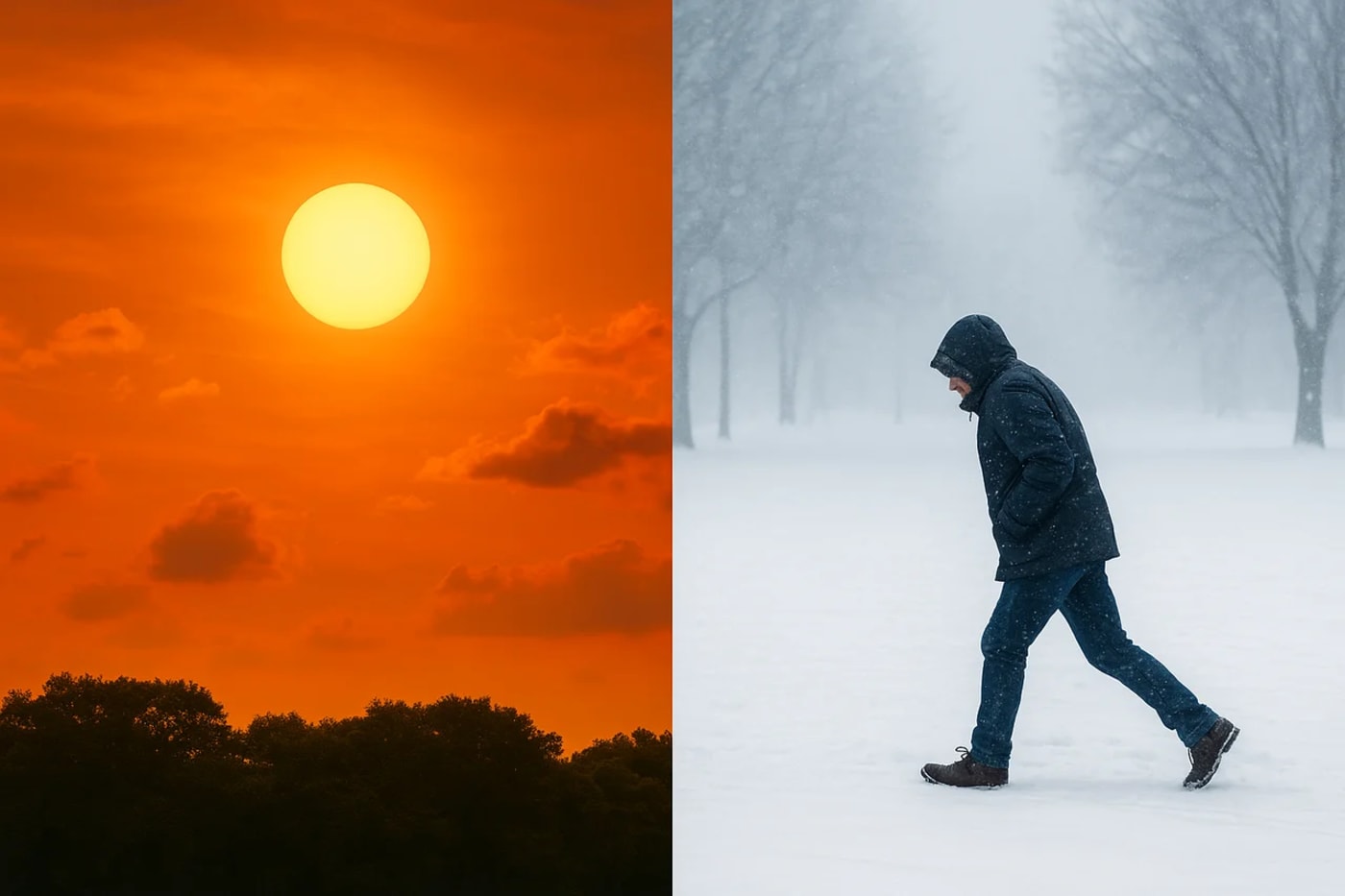 Contraste climático: a la izquierda, un sol intenso; a la derecha, una persona camina abrigada bajo una nevada