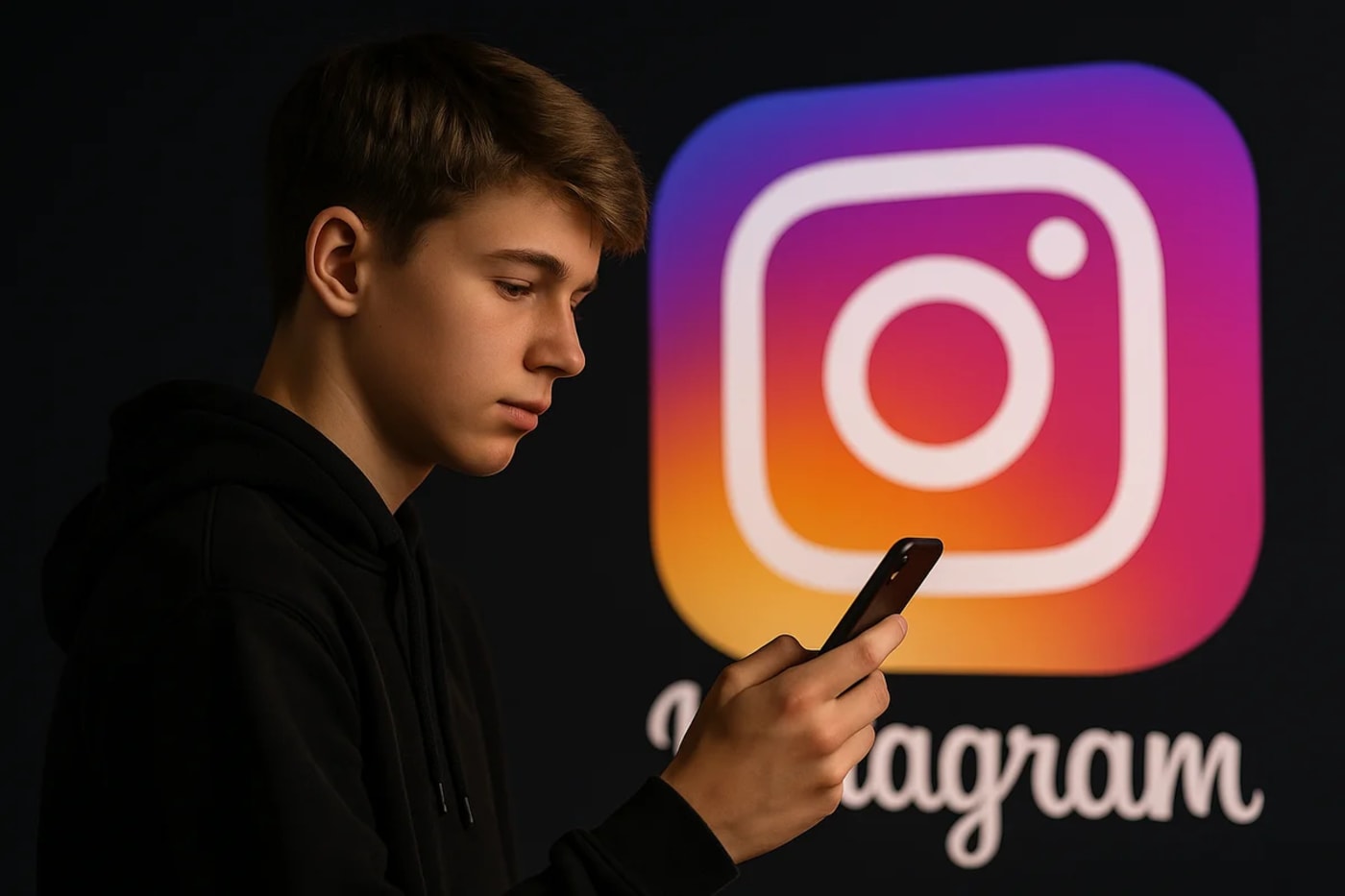 Joven usando un teléfono móvil frente al logotipo de una red social