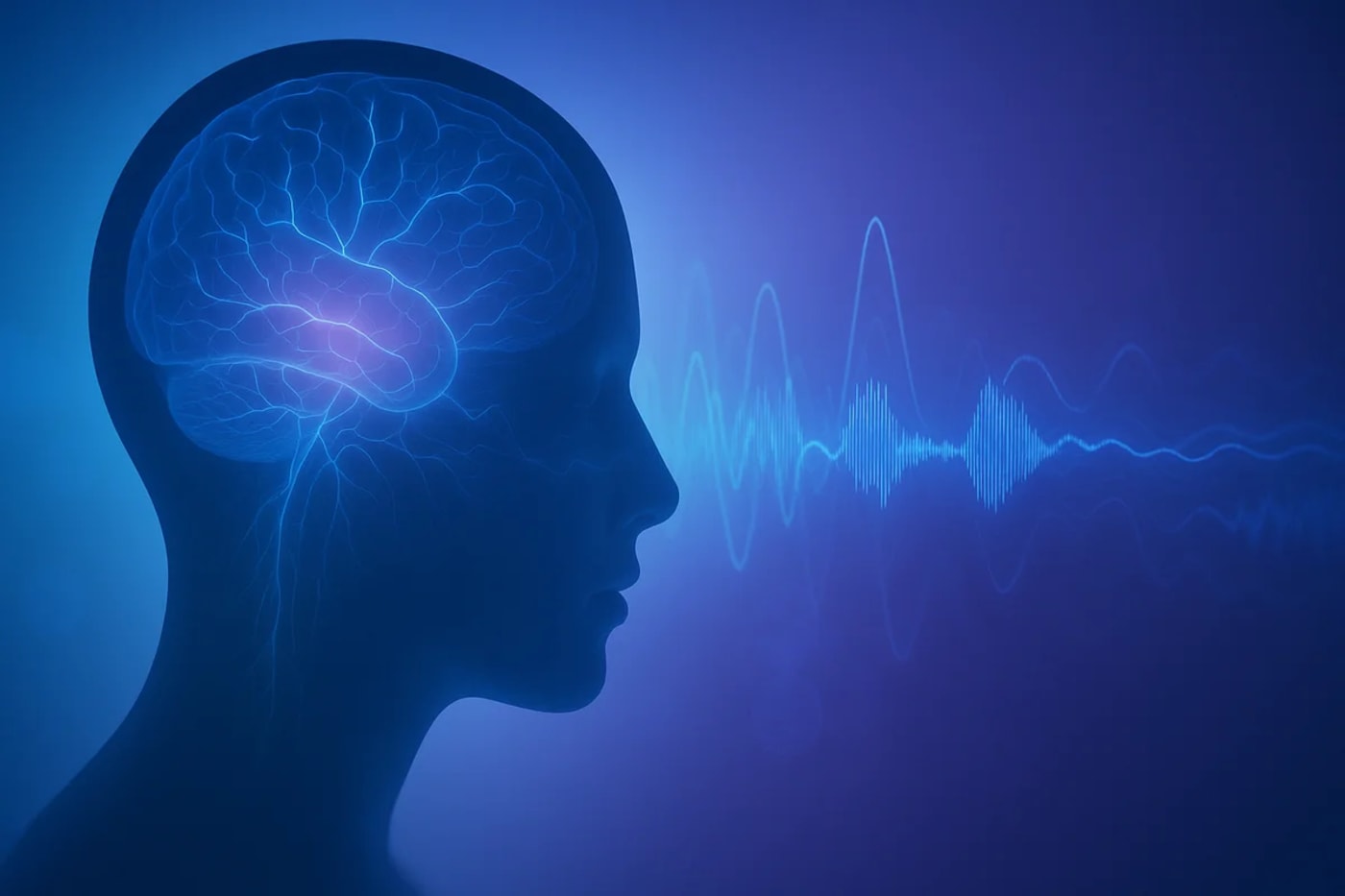 Ilustración de ondas cerebrales que representan cómo el cerebro distingue la voz interna del sonido externo