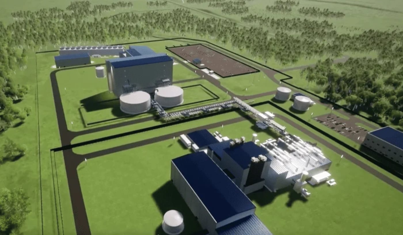 Maqueta digital del proyecto Natrium, mostrando la disposición de las instalaciones nucleares y de almacenamiento térmico en un entorno verde