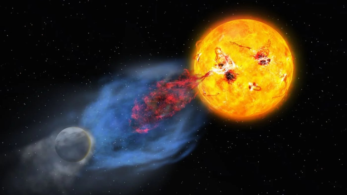 Representación artística de una eyección de masa coronal de EK Draconis con zonas en azul y rojo