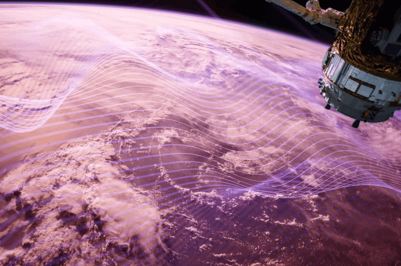 Visualización de la Tierra con ondas de radio en púrpura atravesando la atmósfera e interactuando con la ionosfera