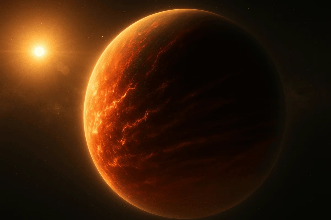 Representación ilustrativa del exoplaneta WASP-18b, mostrando su superficie incandescente y su proximidad a su estrella