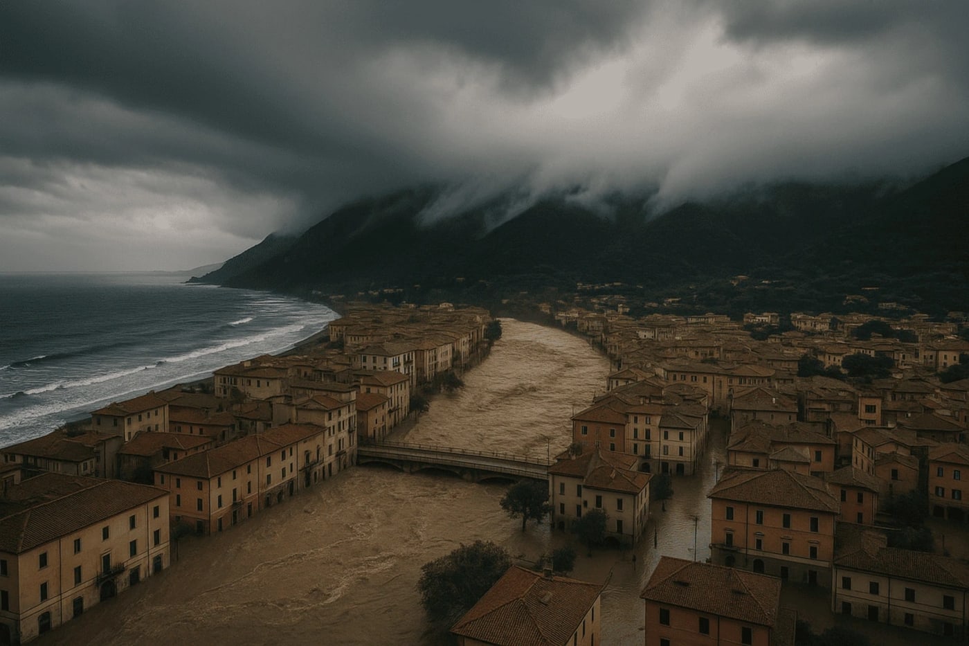 Vista aérea de una ciudad mediterránea inundada con montañas y nubes de tormenta al fondo