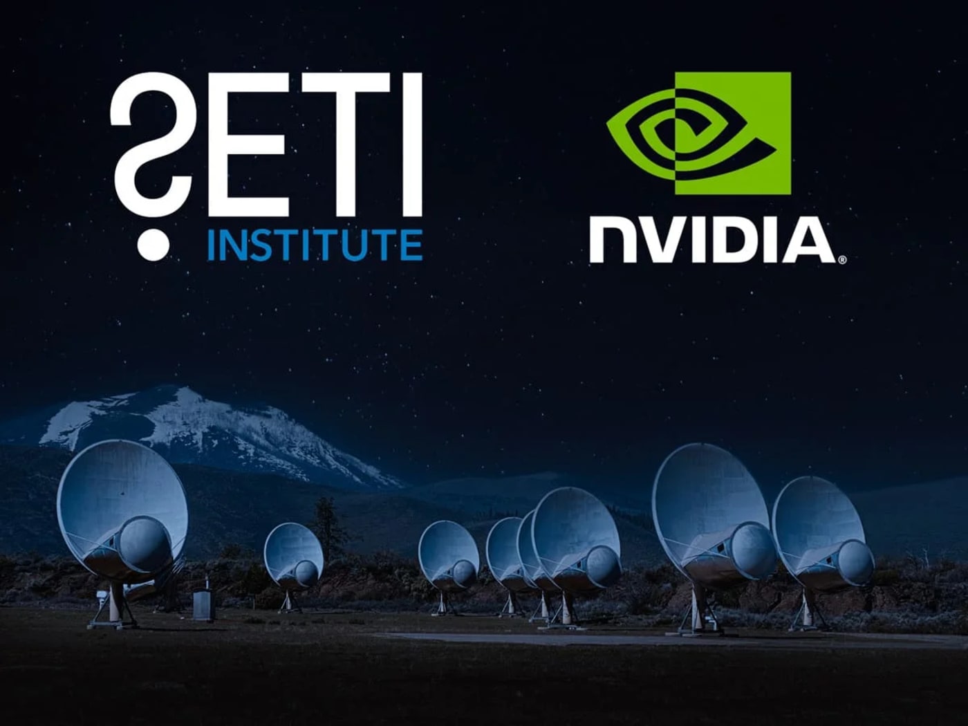 Antenas del Allen Telescope Array bajo un cielo estrellado con logotipos del Instituto SETI y NVIDIA