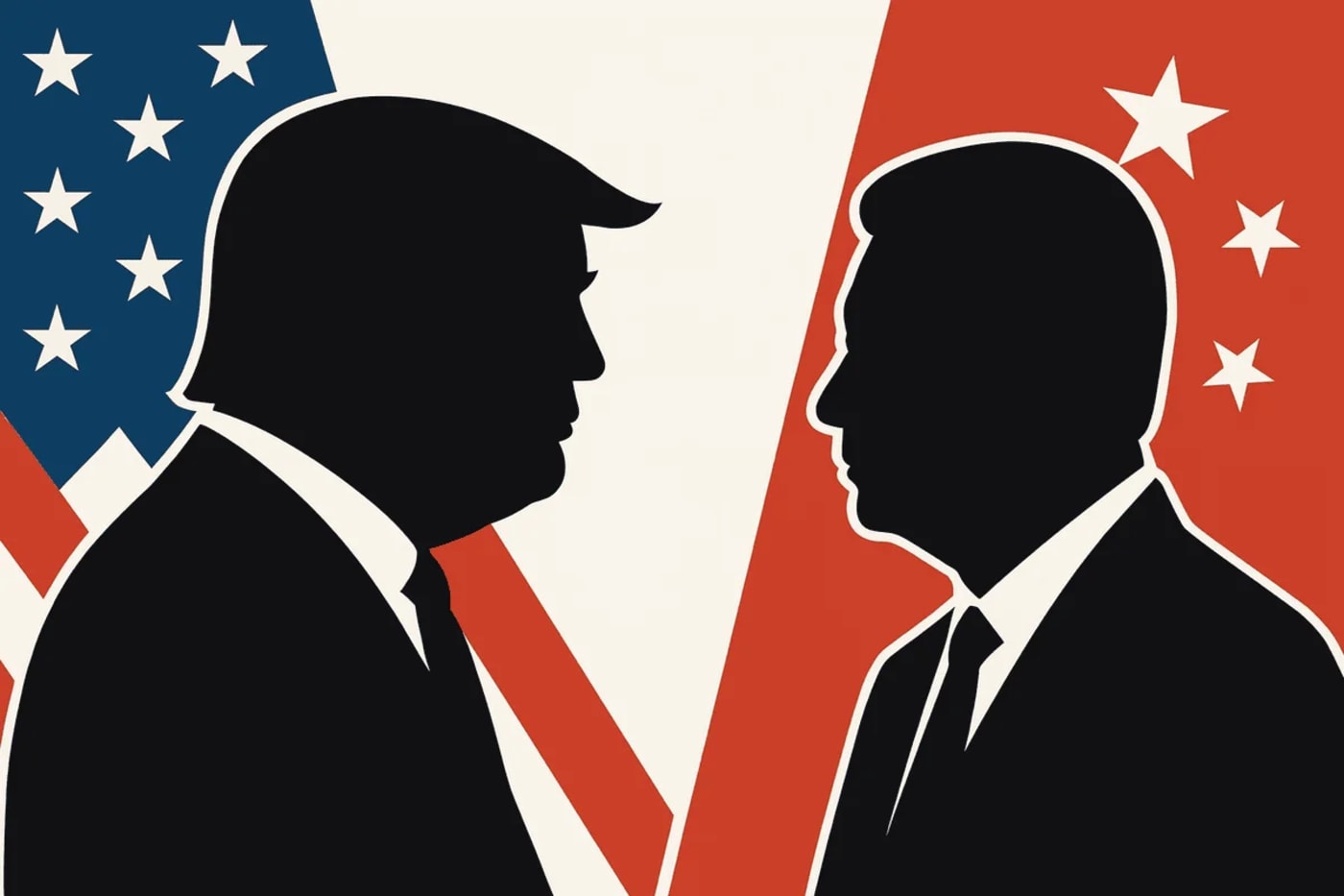 Ilustración minimalista con las siluetas enfrentadas de dos líderes, sobre los colores y banderas de Estados Unidos y China