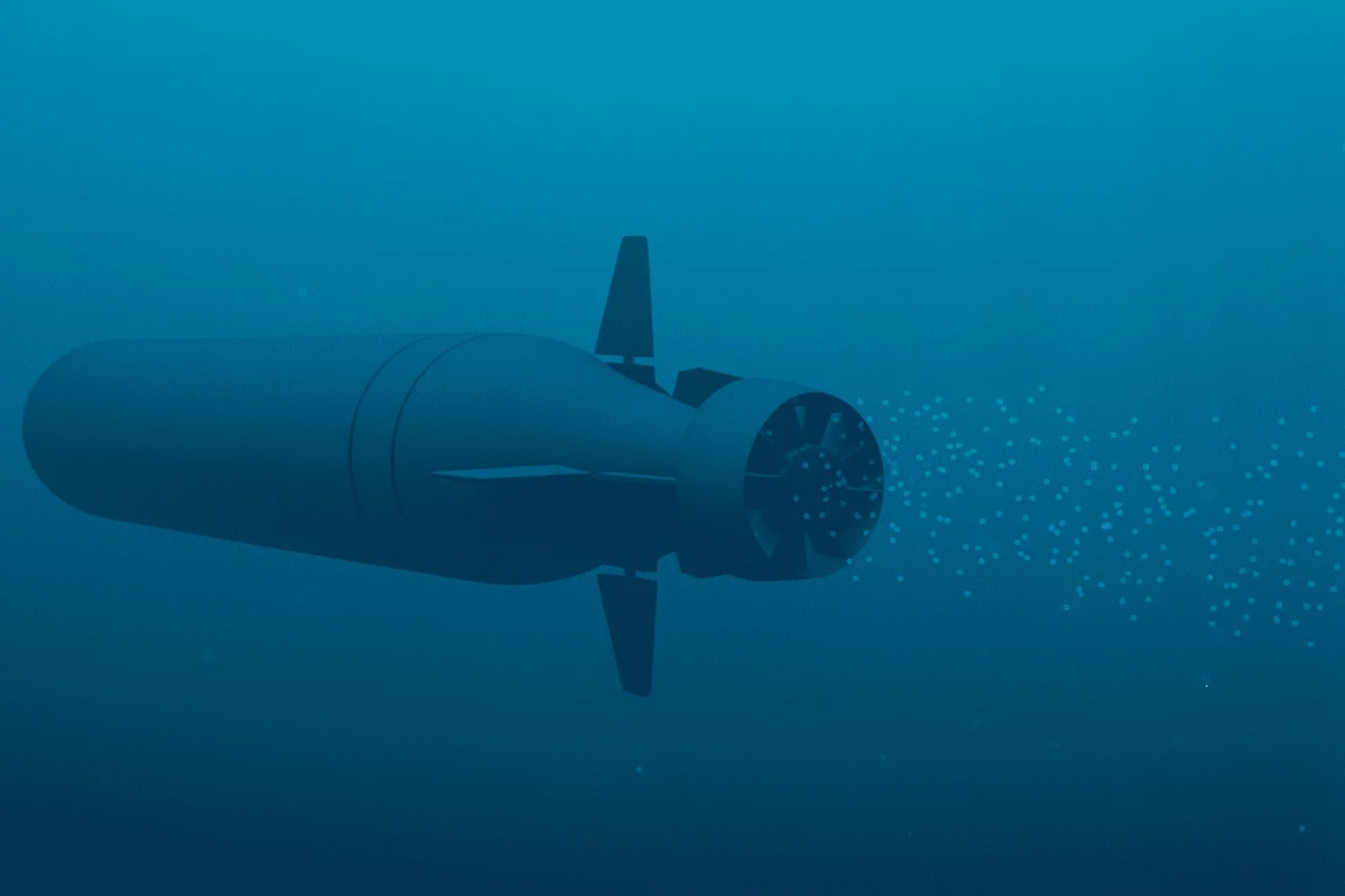 Ilustración del supertorpedo nuclear ruso Poseidón, bajo el agua, con hélice trasera y burbujas en su estela