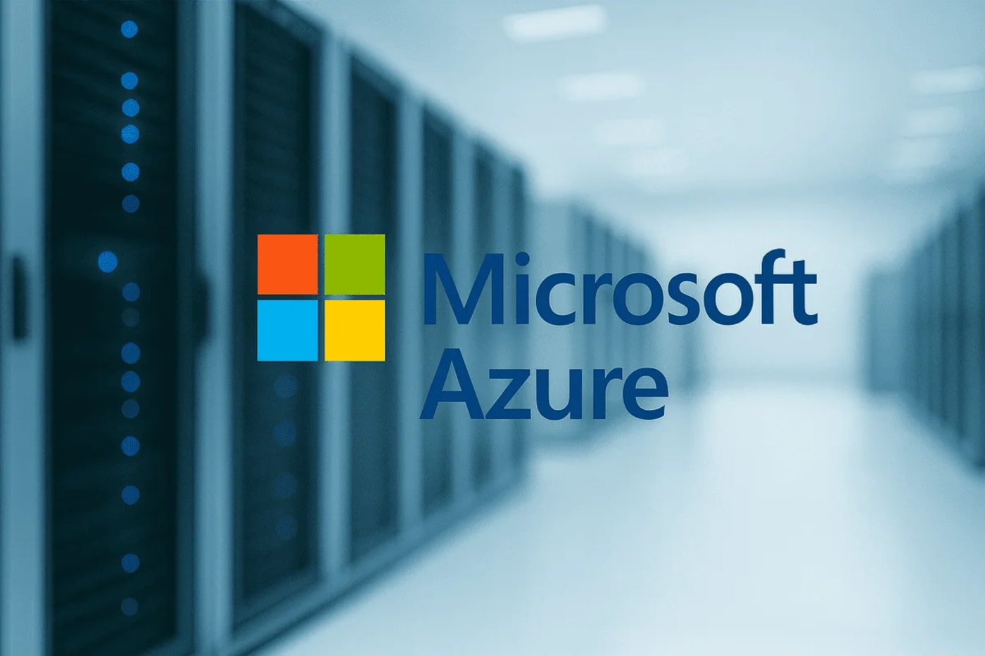 Logotipo de Microsoft Azure centrado sobre un fondo borroso de centro de datos iluminado