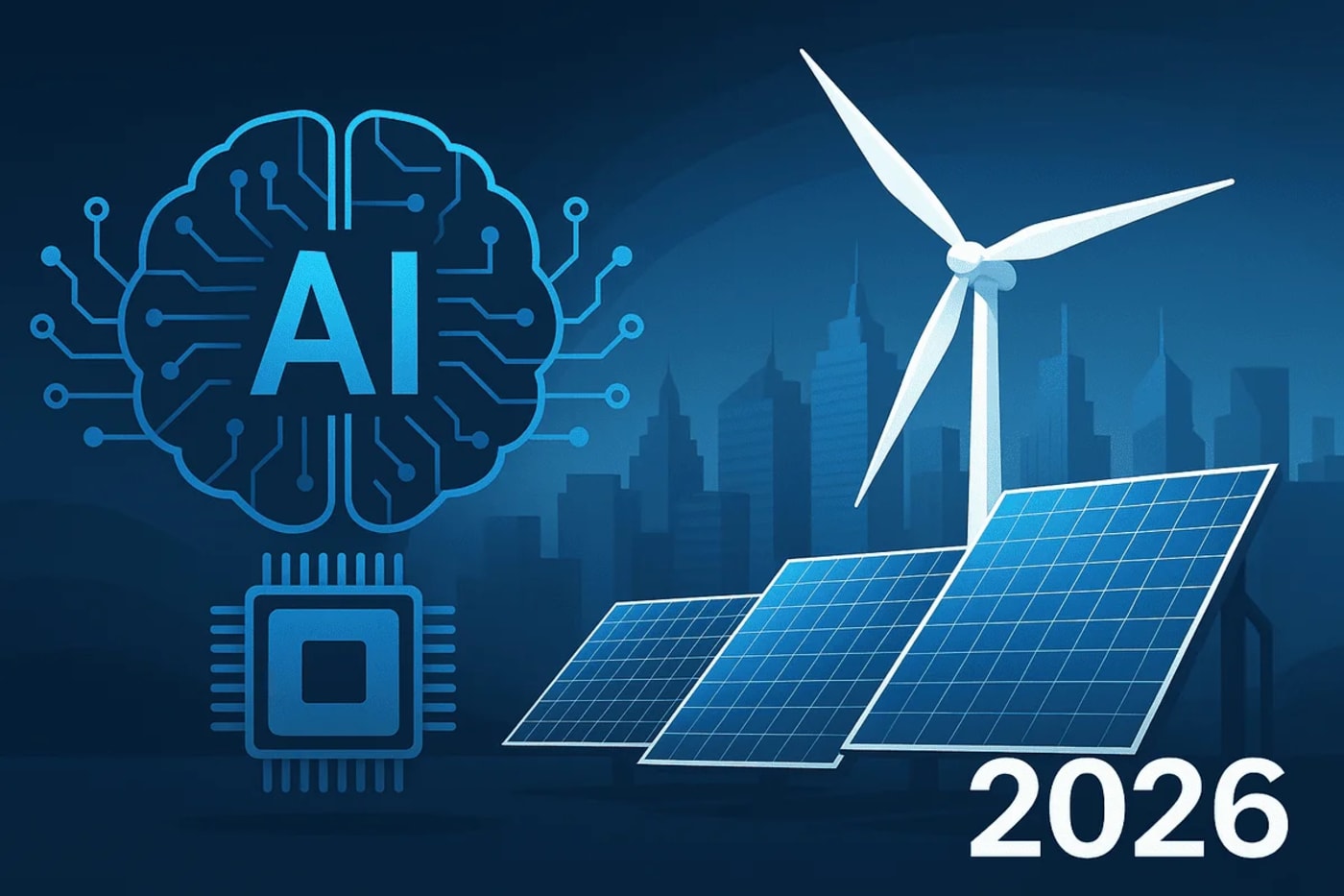 Ilustración digital de una ciudad moderna de EE. UU. con elementos de inteligencia artificial y energía limpia.