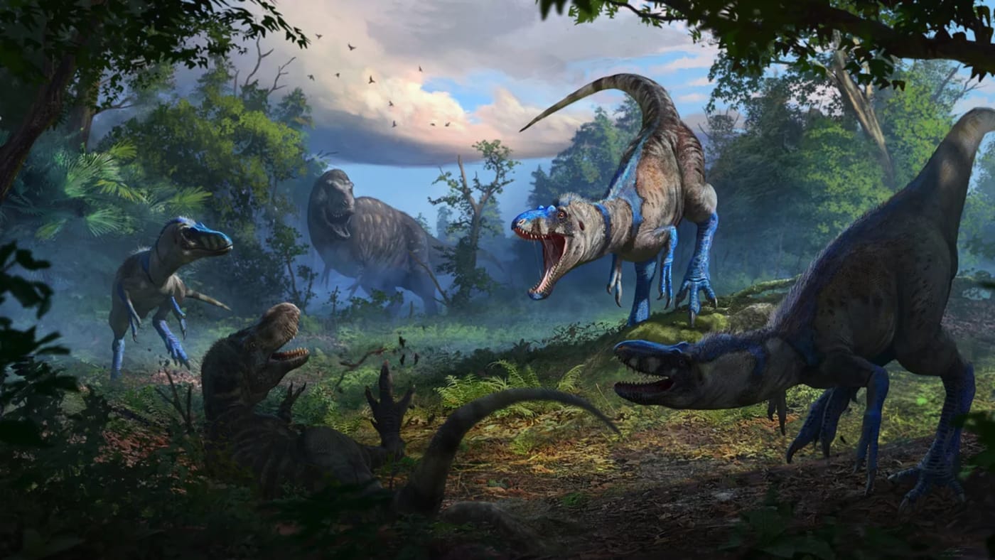 Ilustración de una manada de Nanotyrannus atacando a un joven Tyrannosaurus rex en un paisaje prehistórico