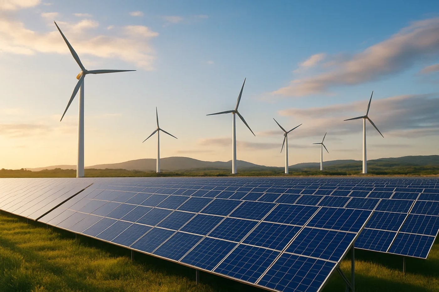 Vista panorámica de un parque solar con paneles fotovoltaicos y molinos de viento al fondo