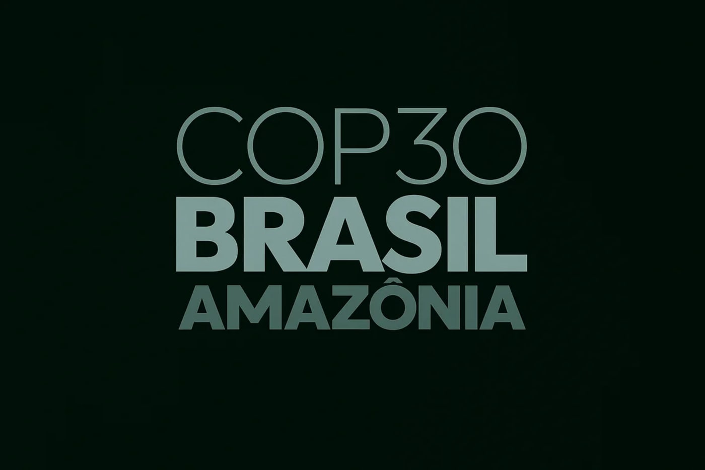 Logotipo ilustrativo del evento climático COP30 en Brasil, con el texto “COP30 Brasil Amazonia Belém 2025” centrado sobre un fondo verde oscuro