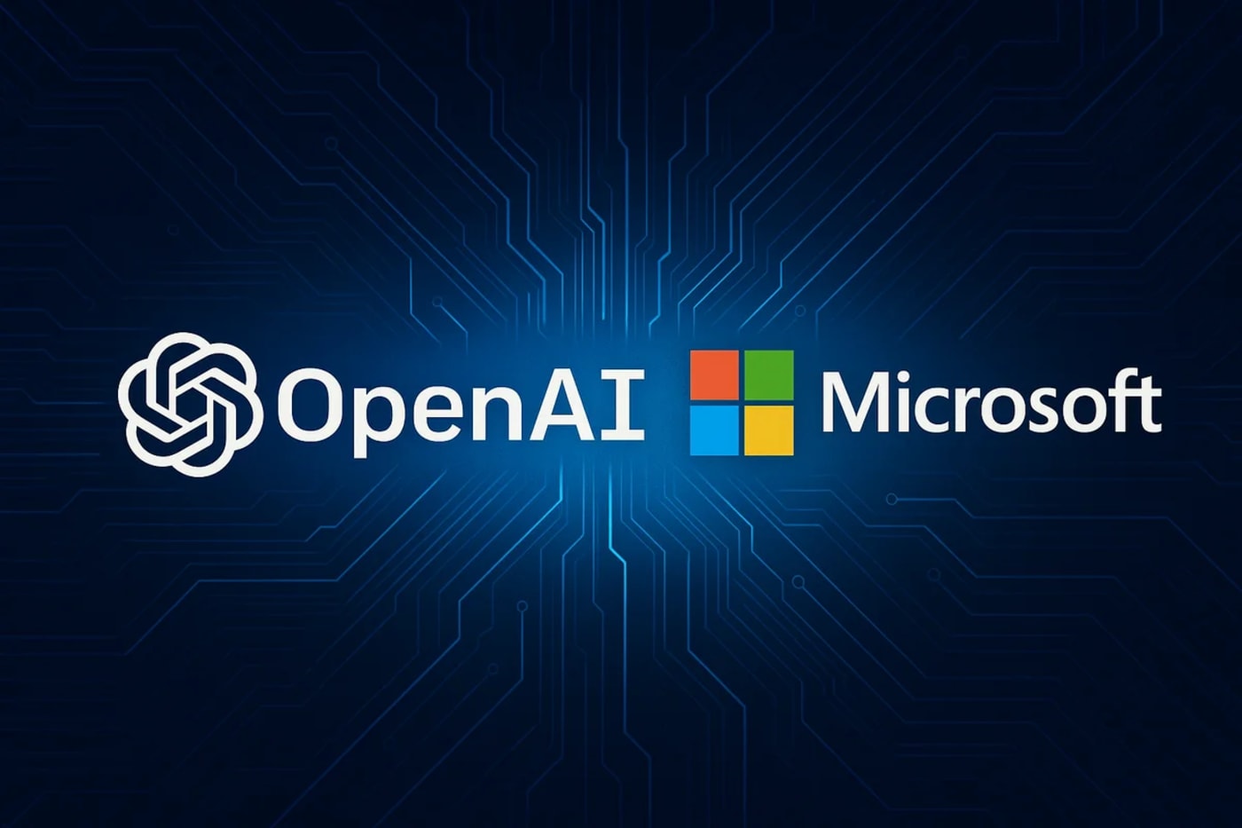 Ilustración digital que muestra los logotipos de OpenAI y Microsoft sobre un fondo tecnológico azul