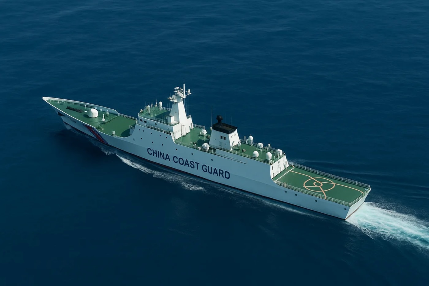 Imagen ilustrativa de un buque guardacostas chino navegando sobre aguas azules
