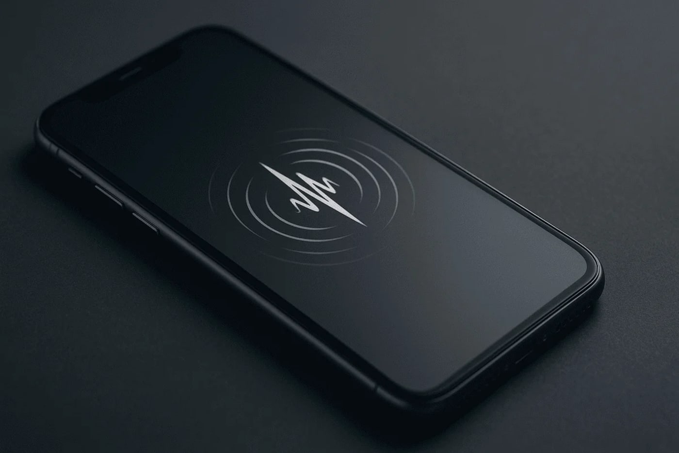 Teléfono inteligente moderno sobre fondo oscuro con un símbolo luminoso de ondas sísmicas en la pantalla