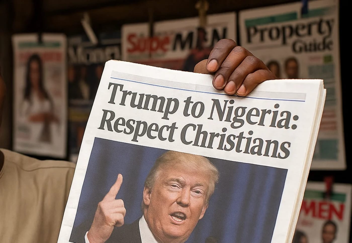 Imagen ilustrativa de un vendedor de periódicos en Nigeria con ejemplares sobre las tensiones entre Estados Unidos y el gobierno nigeriano