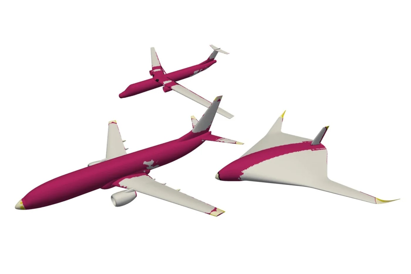 Esquemas de aeronaves con zonas de rayo resaltadas en rojo