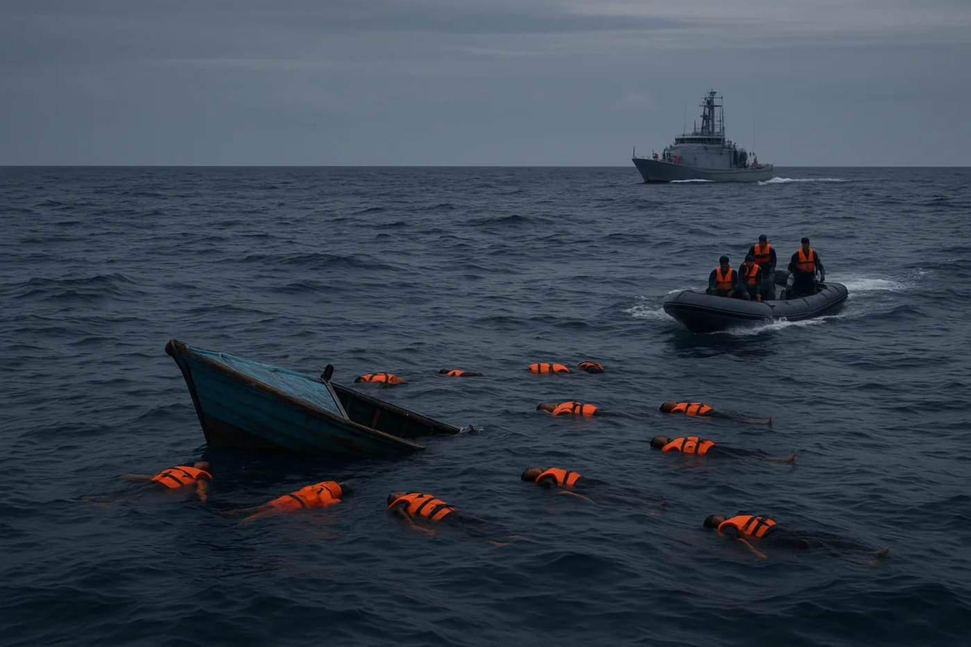 Lancha de rescate junto a un bote semihundido en el mar con chalecos salvavidas flotando