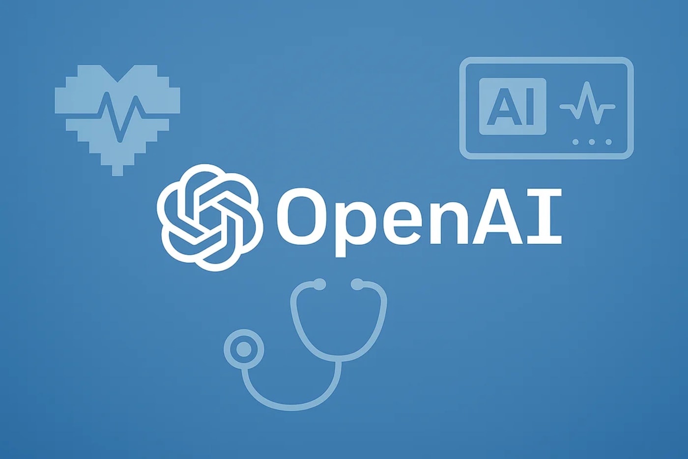 Logotipo de OpenAI con iconos médicos sobre fondo azul