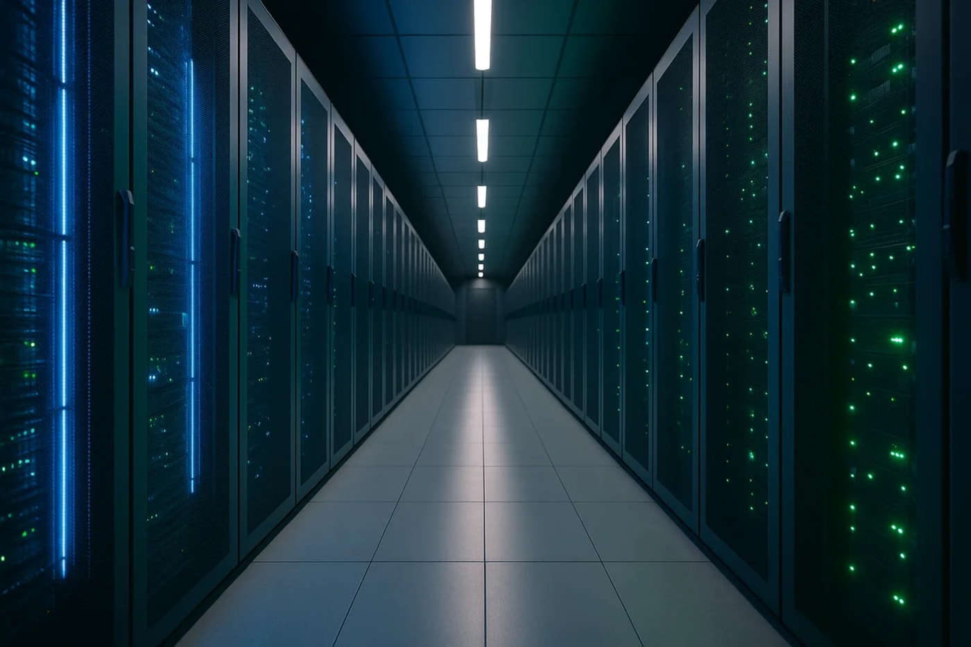 Pasillo interior de un centro de datos con servidores iluminados en azul y verde